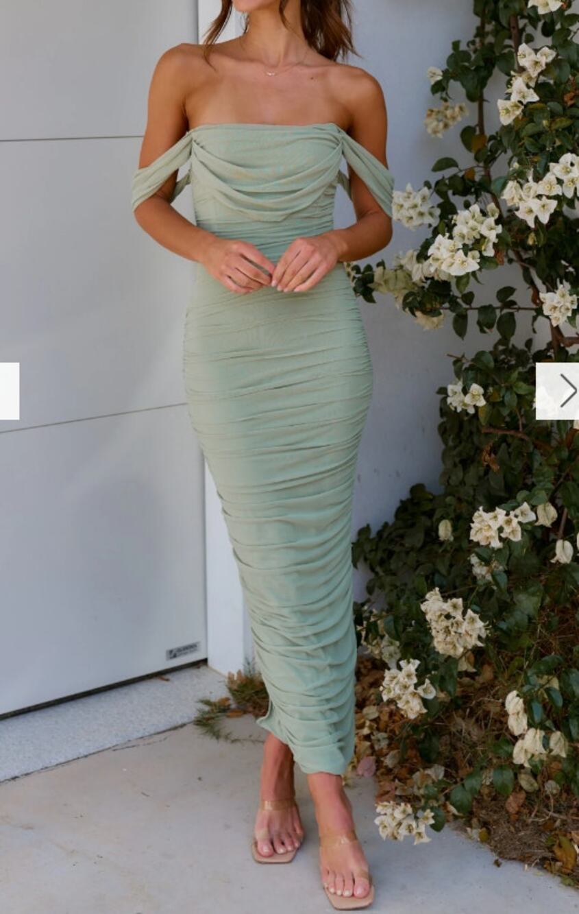 Billy J Kylie Maxi Dress Sage Green Sz 10 Off Shoulder Ruched